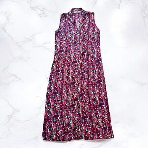 Vintage 90s Floral Midi Maxi Dress Womens M Multicolor Sleeveless Cottage V-neck